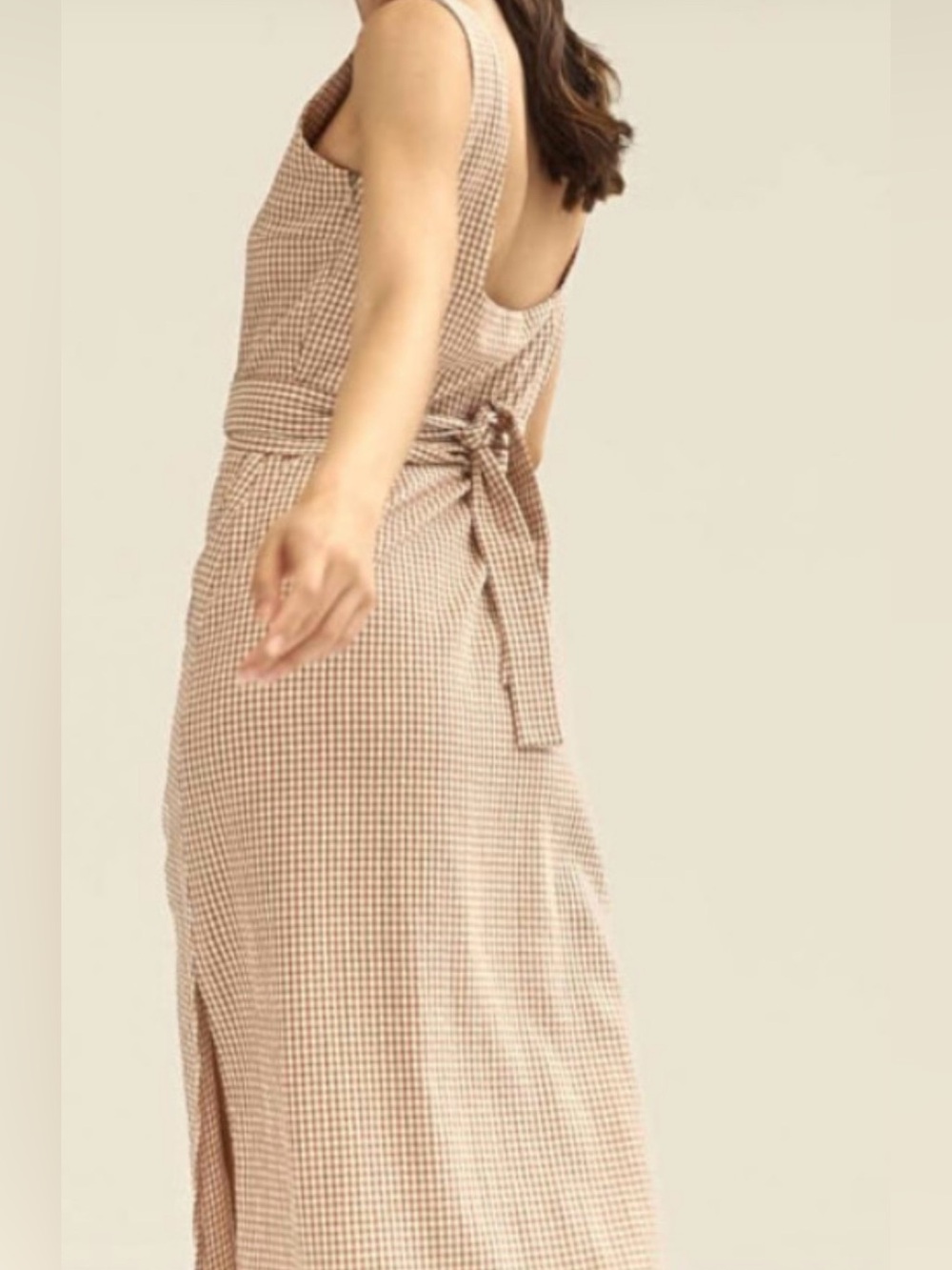 NWT Sleeveless Square-Neck Midi Dress in Beige Gingham Style